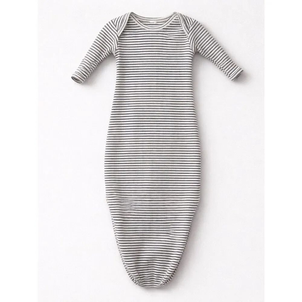 Quincy Mae Grey & ivory striped ribbed knotted organic cotton baby gown one size